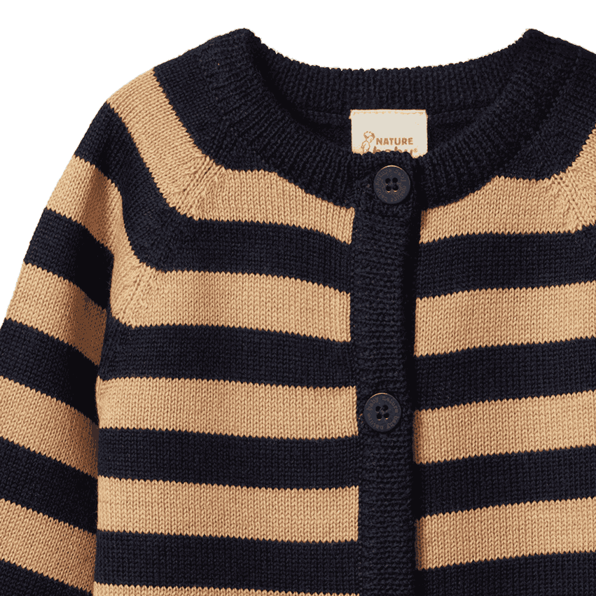 MERINO KNIT CARDIGAN | Navy/Caramel Stripe-Extra Img - 3