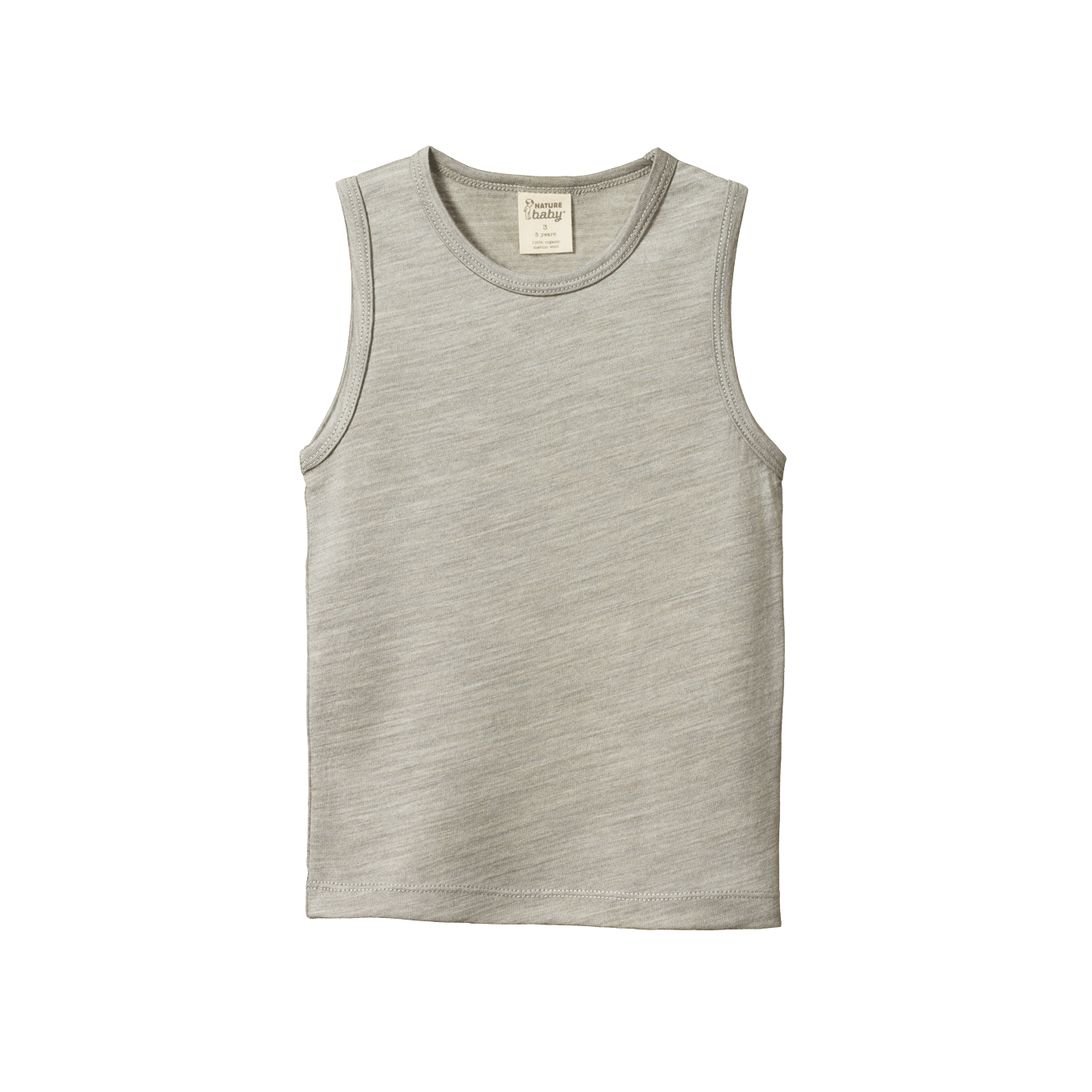 Light grey organic merino wool singlet with a round crew neckline and ribbed trim.