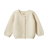 Cream organic cotton Pepi Cardigan with garter stitch knit and corozo nut buttons.