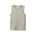 Light grey organic merino wool singlet with a round crew neckline and ribbed trim.
