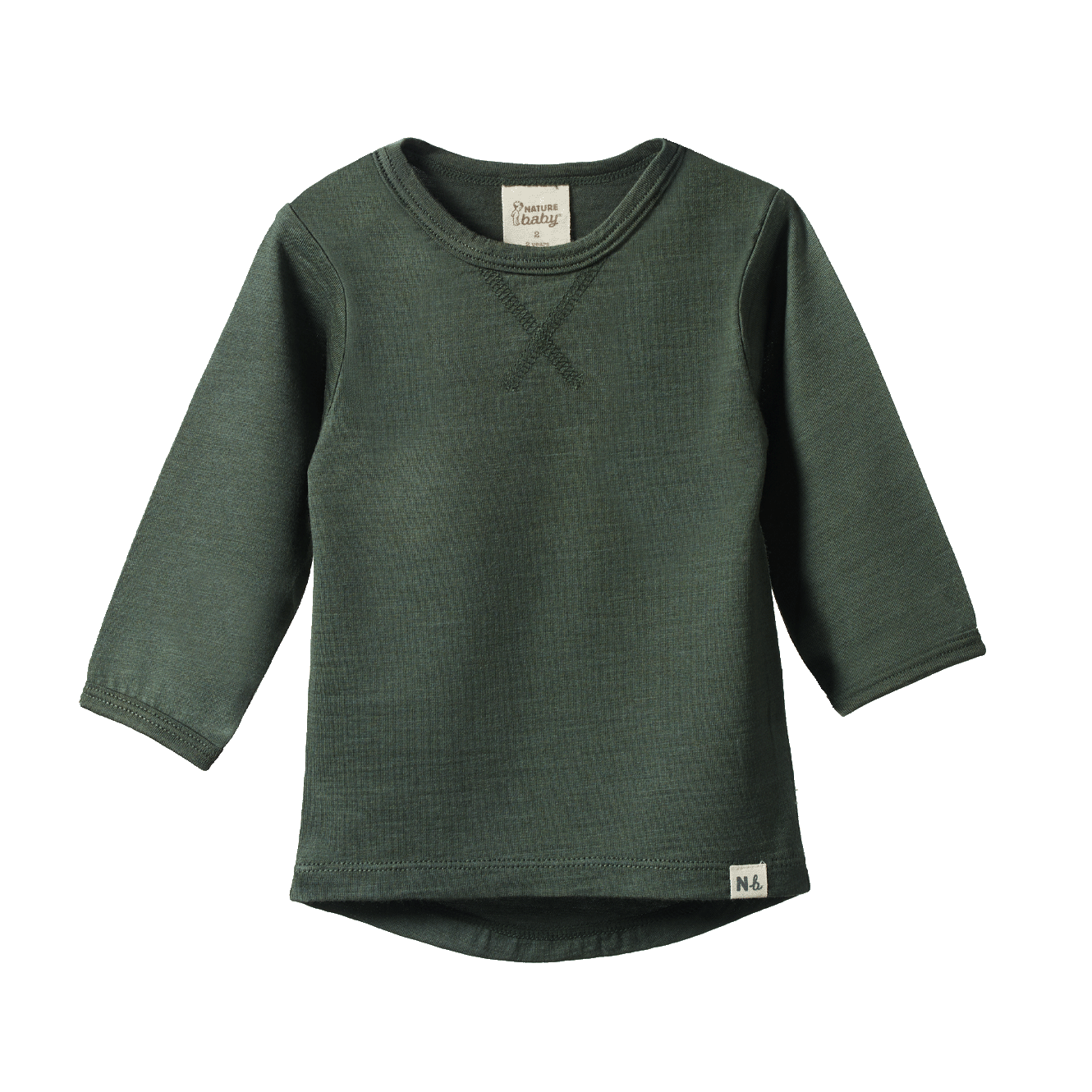 Dark green organic merino long sleeve tee with crew neck, scooped hem, and detail stitching.