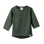 Dark green organic merino long sleeve tee with crew neck, scooped hem, and detail stitching.