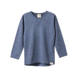 Blue organic merino wool long sleeve essential tee with crew neck and scooped hem.